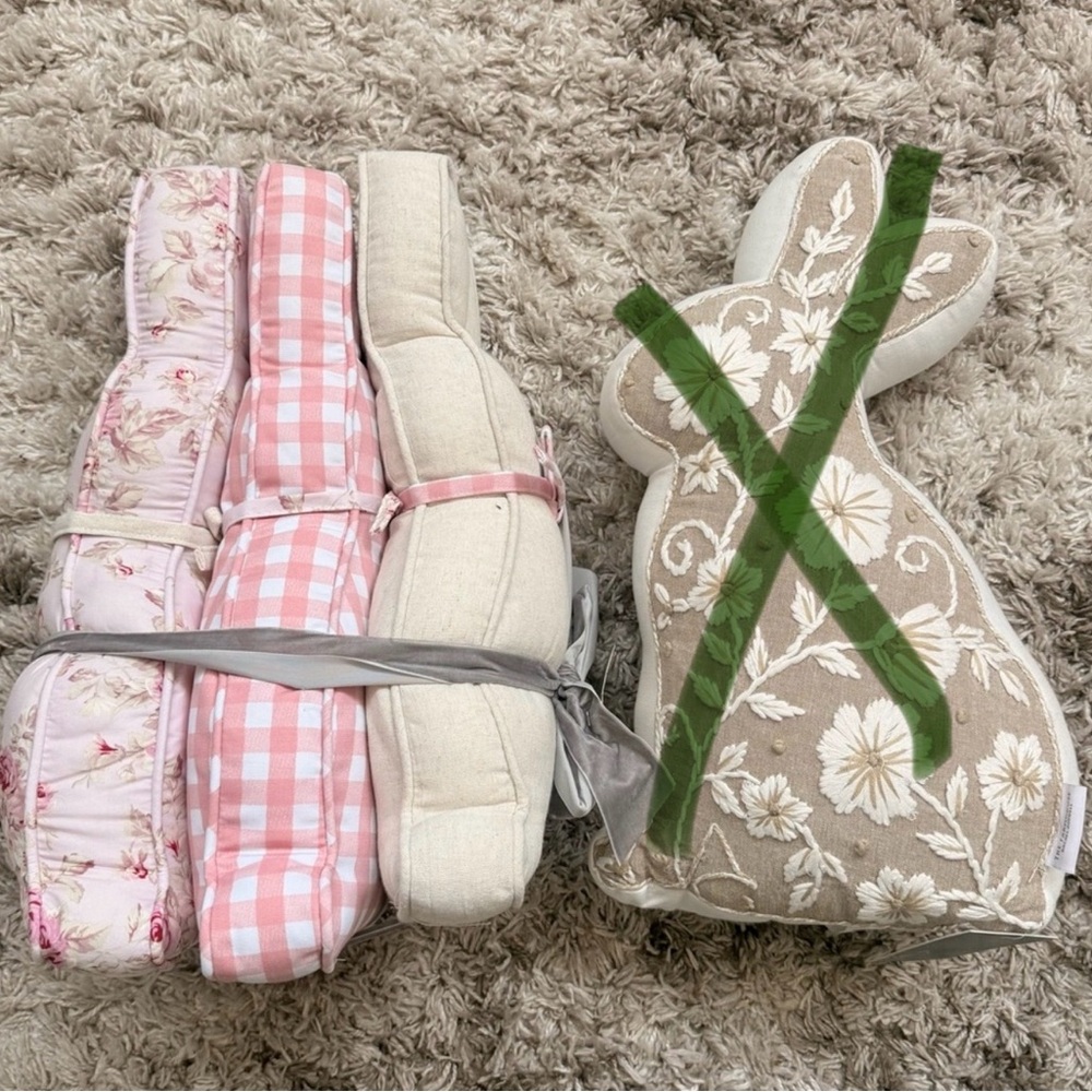 Boho Shabby Chic Plush Bunny Pillows and Speckled Wooden Eggs